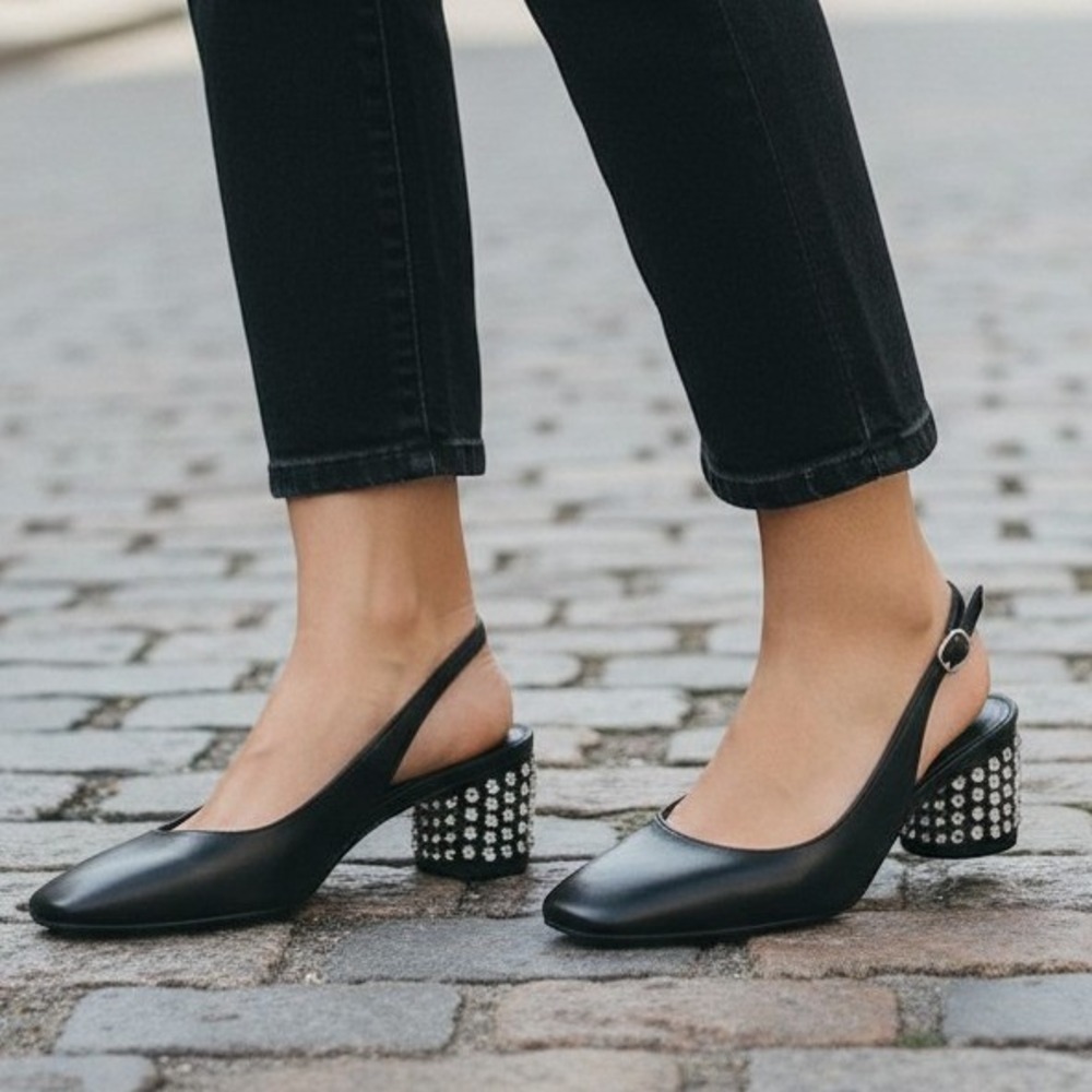Sam Edelman Terra Gem Black Leather Crystal Embellished Slingback Heels 7.5 New